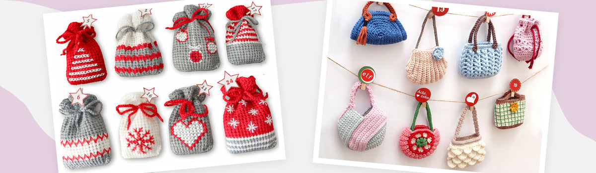 Zwei gehäkelte Adventskalender: links bestickbare Beutel in Rot-Grau mit Nummern, rechts bunte gehäkelte Mini-Taschen an einer Schnur aufgehängt.