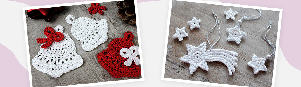 Collage mit gehäkelten Weihnachtsglocken in Rot und Weiß sowie weißen gehäkelten Sternen und einer Sternschnuppe als Anhänger auf grauem Holzhintergrund. Bilder für Häkelkollektion Glocken & Sterne häkeln.