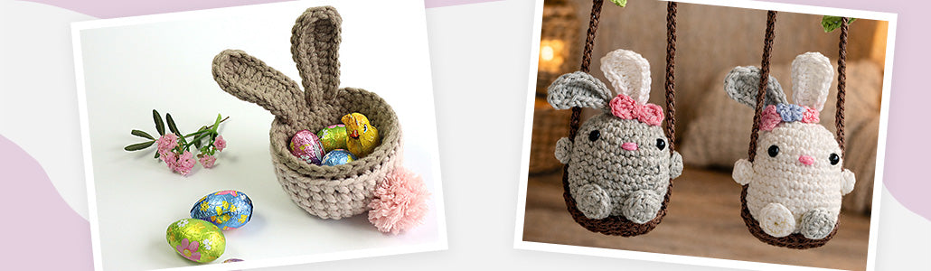 Banner mit gehäkeltem Hasenkorb mit Ostereiern und zwei gehäkelten Hasen auf Schaukeln als Osterdeko.