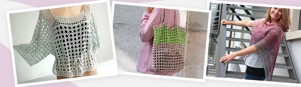 Bildbanner „Kleidung & Accessoires häkeln“: Collage aus gehäkeltem Shirt/Top, Netz-Tasche und Dreieckstuch/Seelenwärmer in modernen Designs