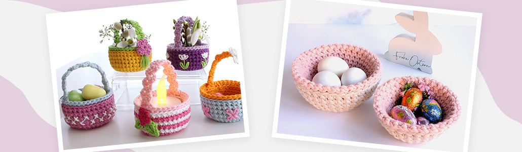 Collage mit gehäkelten Körben und Nestern: bunte Mini-Körbchen mit Henkeln sowie zwei rosa-beigefarbene Nester mit Eiern und Schokoeiern vor hellem Hintergrund. Bilder zu Körbe häkeln.