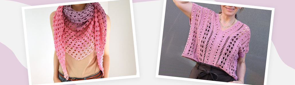 Gehäkeltes Dreieckstuch in Rosa- und Pinktönen neben dem rosafarbenen Häkelshirt Jolanda mit luftigem Mustermix.