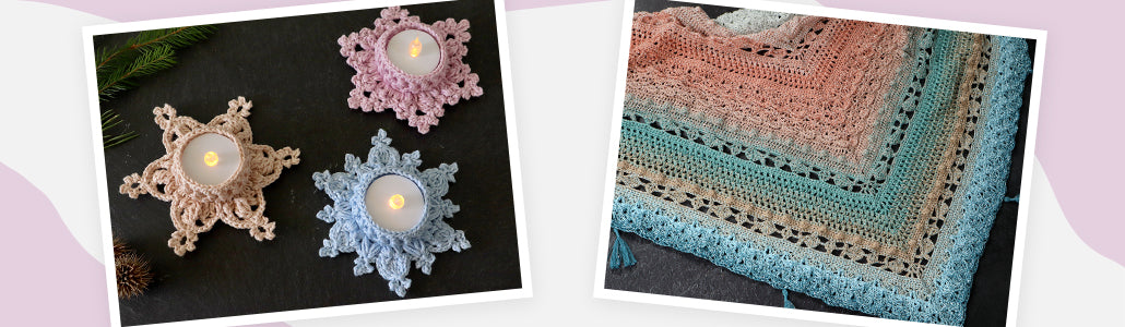 Drei gehäkelte LED-Teelichthalter in Schneeflockenform neben dem Dreieckstuch Ilayda mit anspruchsvollem Mustermix in Rosa, Beige und Türkis.